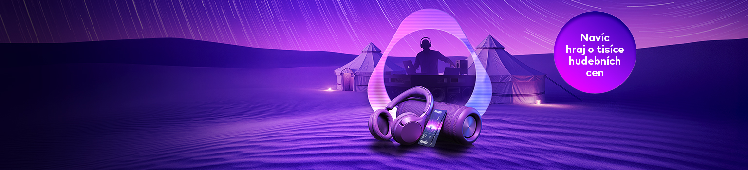 Fialové pozadí s dj, stanem, IQOS klíčem a cenami