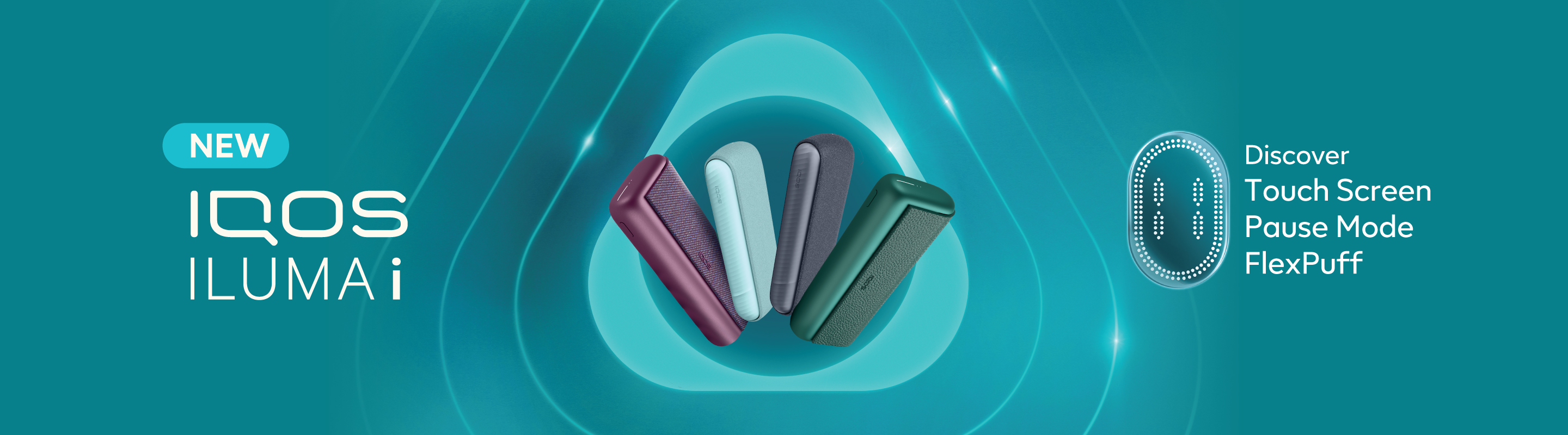 New IQOS ILUMA i devices in various colors with touchscreen, pause mode, and FlexPuff features.