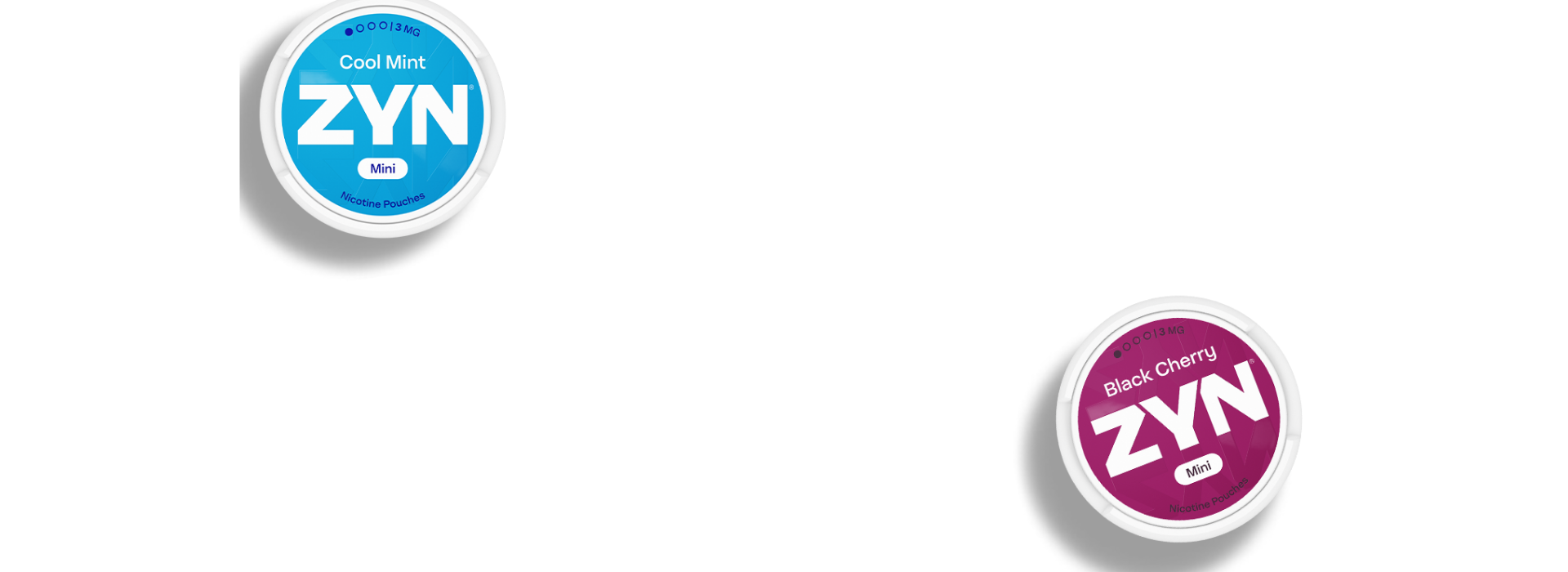 Two closed ZYN cans (blue Cool Mint and red Black Cherry), view from above of half can